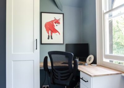 Image of a home office desk, drawers and cupboard